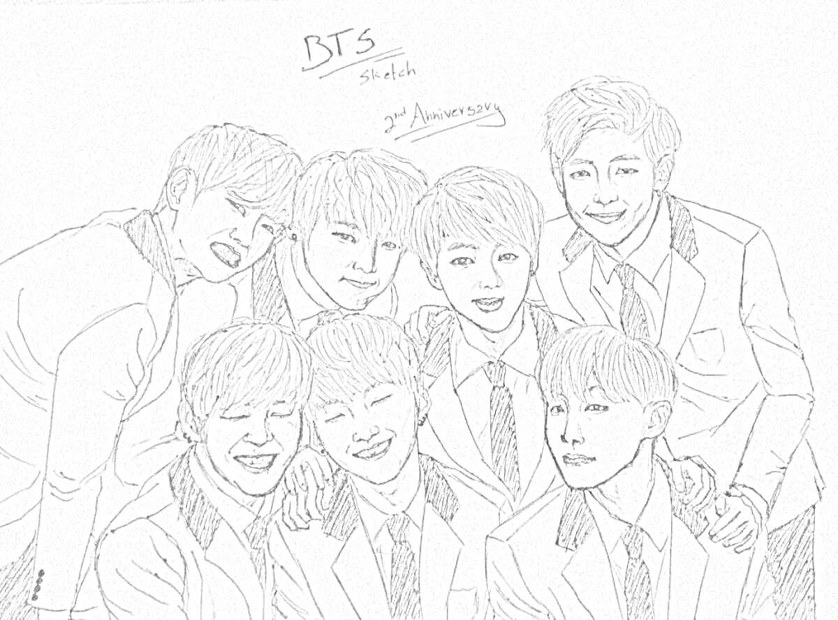 Раскраска Нарисованы семь мужчин в костюмах, изображение подписано как BTS, с надписью 