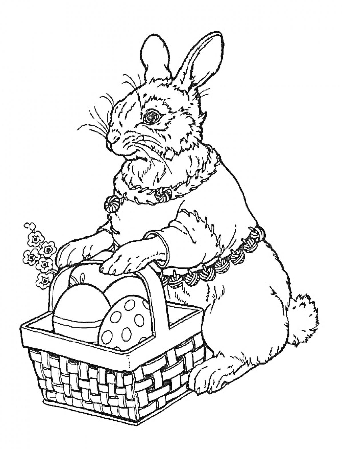 Раскраска Кролик с корзинкой пасхальных яиц и цветами