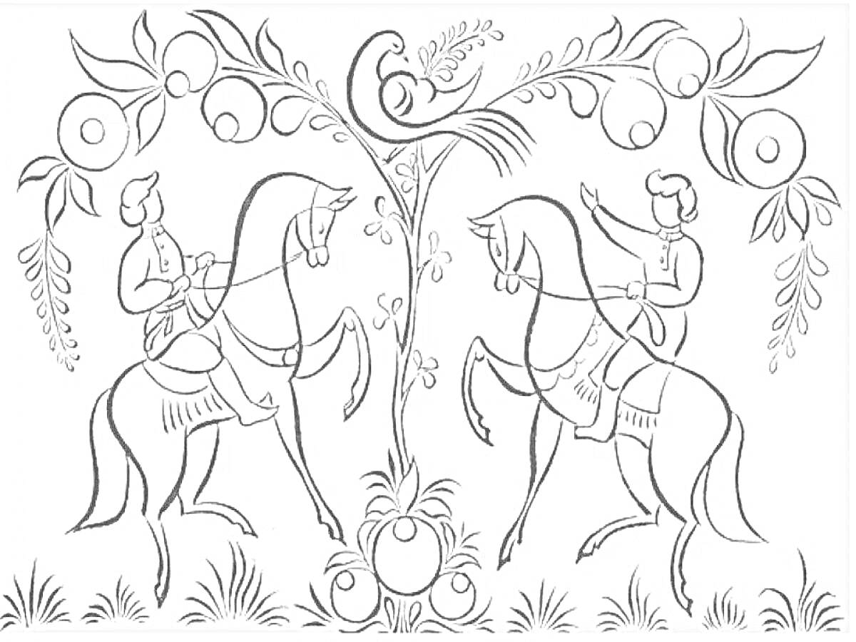 Раскраска Всадники на лошадях под деревом с птицей и цветами