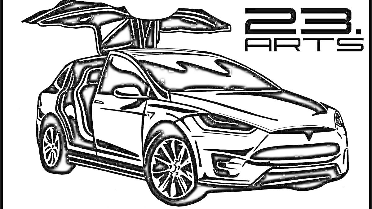 На раскраске изображено: Электромобиль, Tesla, Дверь, Авто