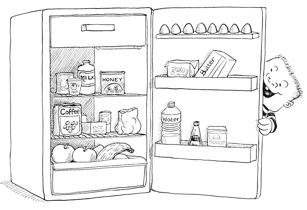 Холодильник с продуктами и мальчиком, выглядывающим из-за дверцы холодильника. Внутри холодильника: яйца на верхней полке дверцы, сыр в упаковке, упаковка масла. На основной полке внутри холодильника - пачка кофе, банка с медом, баночка с солью, пакеты и 