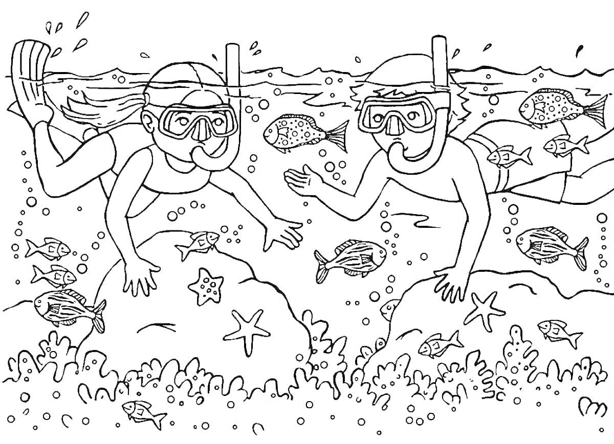 Раскраска Дети с масками для плавания, плавающие под водой среди рыб и звезд морских, кораллы
