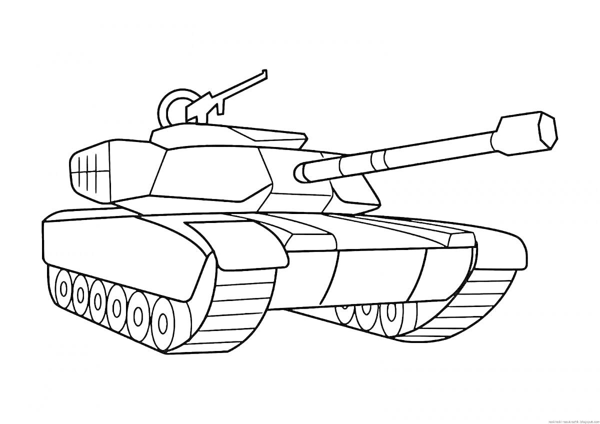 Раскраска Раскраска с изображением танка, крупнокалиберного орудия, башни с пулеметом и гусеничными траками.