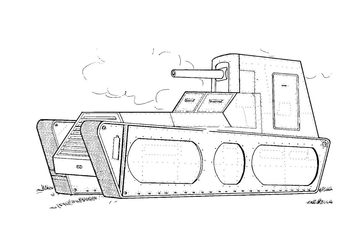 Раскраска Чертеж танка КВ 44 с пушкой и гусеницами