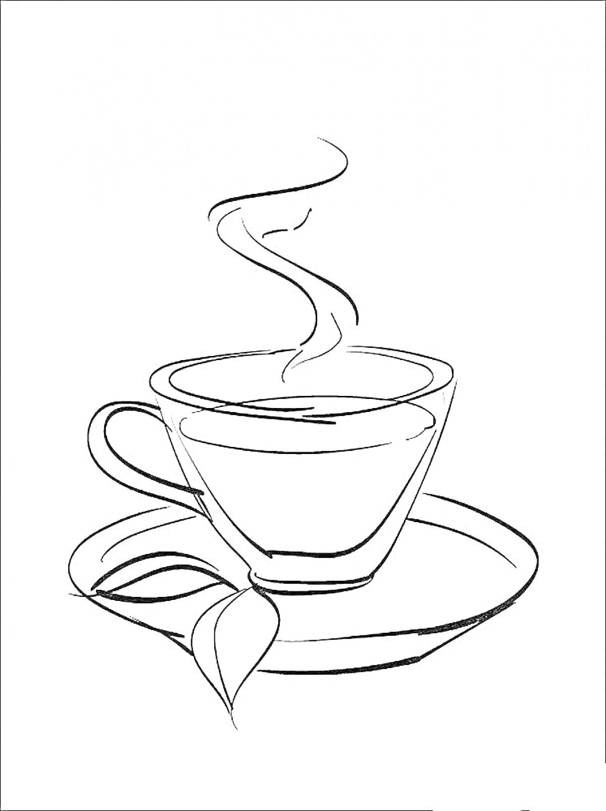 На раскраске изображено: Кофе, Пар, Листья, Напиток