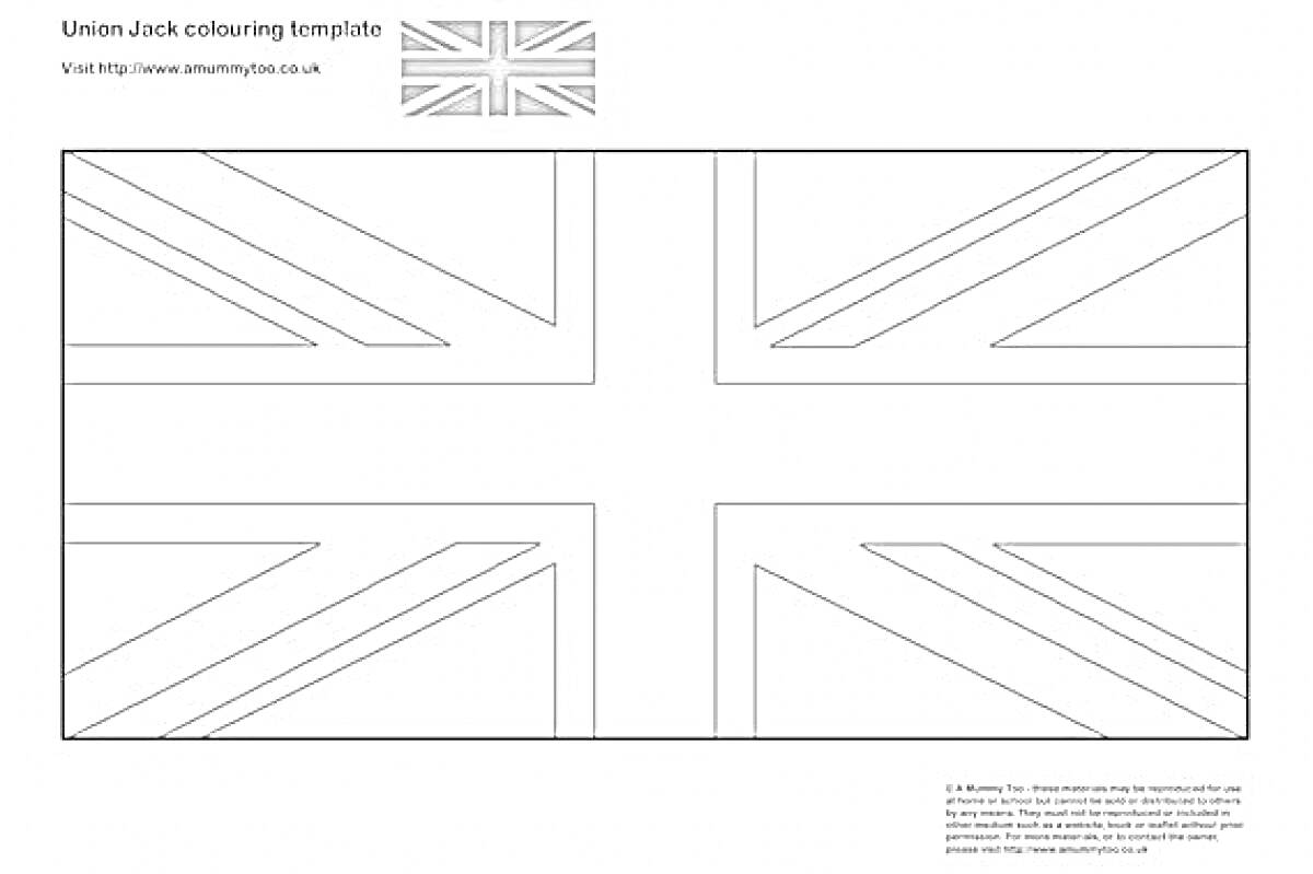 Раскраска флага Великобритании с контуром Union Jack и примером раскрашенного флага в левом верхнем углу