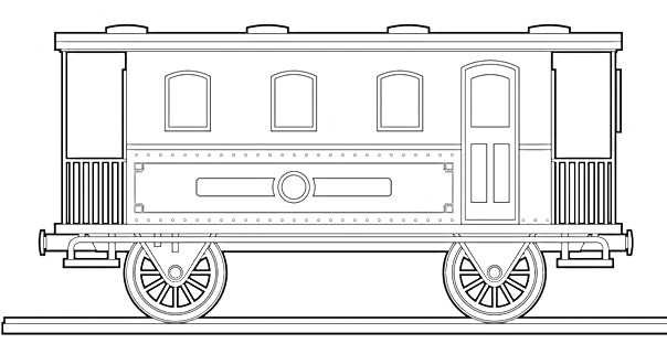 Раскраска Вагончик с четырьмя окнами и дверью на железнодорожных рельсах