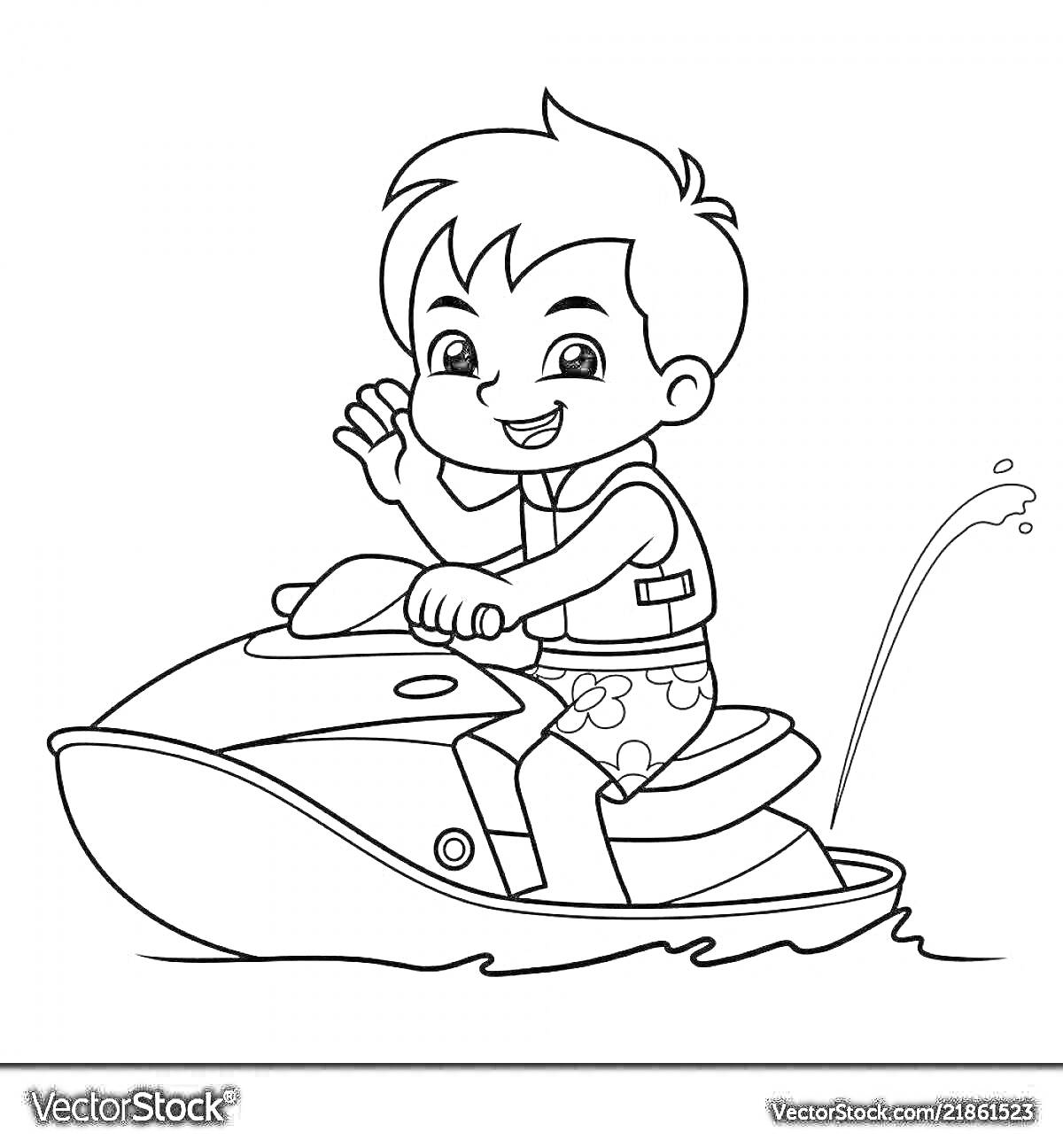 Раскраска Ребенок на гидроцикле в спасательном жилете и плавательных шортах