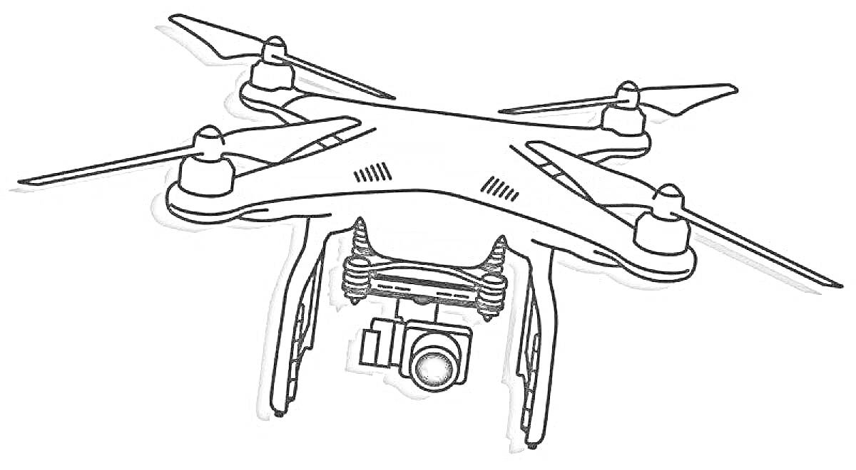 Раскраска Дрон с четырьмя пропеллерами и камерой.