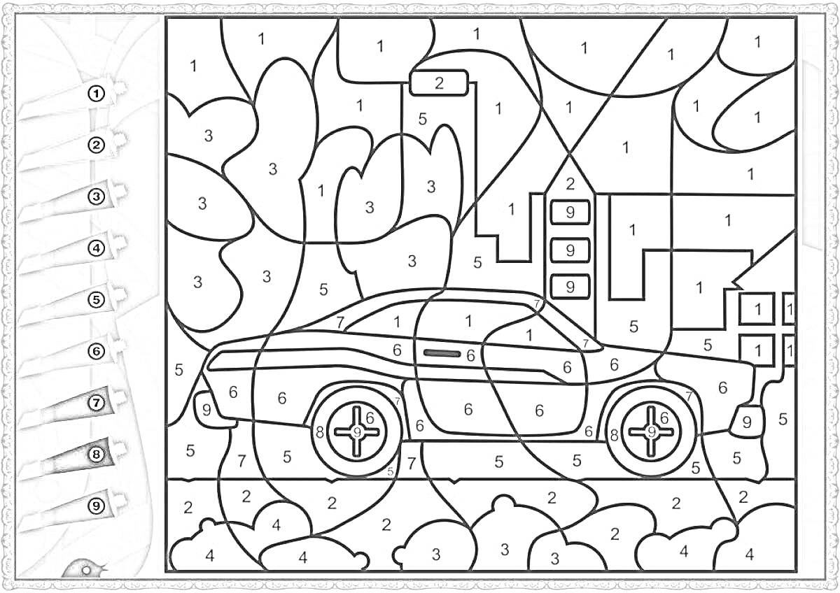 На раскраске изображено: По номерам, Городской пейзаж, Деревья, Здания, Авто