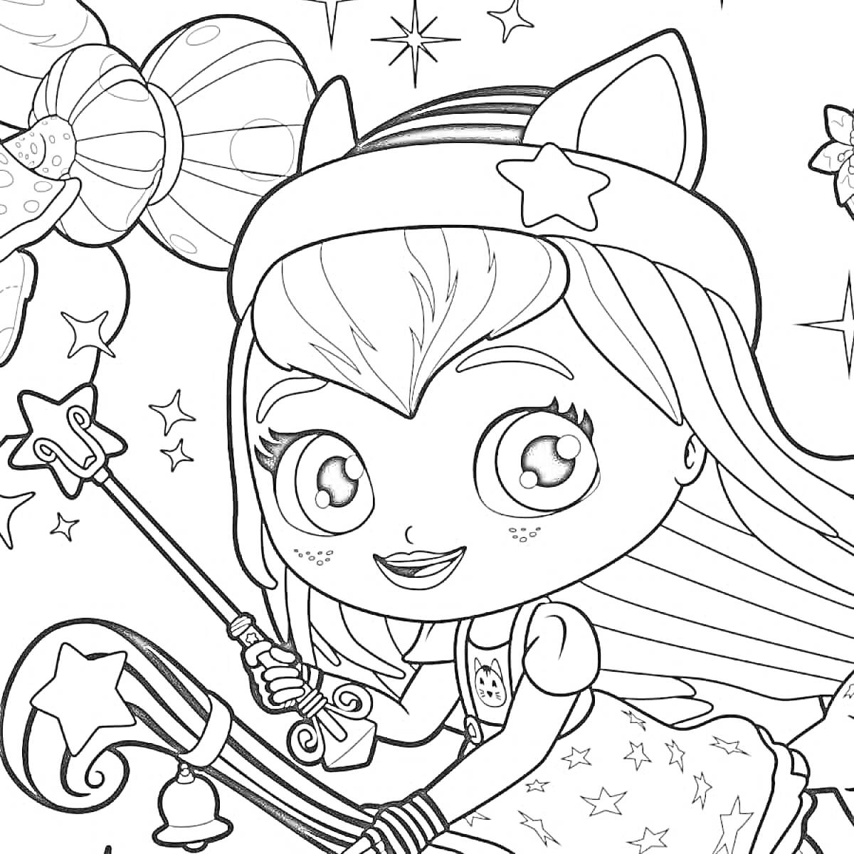 Раскраска Девочка в костюме с ушками и звездочкой, волшебная палочка, звезды и конфета на фоне