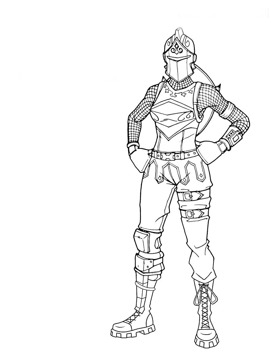 Персонаж в шлеме и бронированной одежде с ремнями, сетчатым рукавом и высокими ботинками