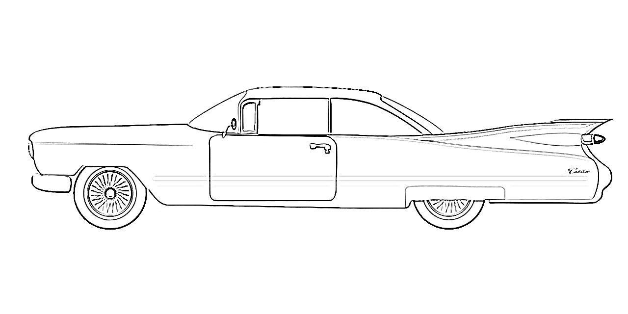 Раскраска Кадиллак, ретро-автомобиль, вид сбоку, классический дизайн