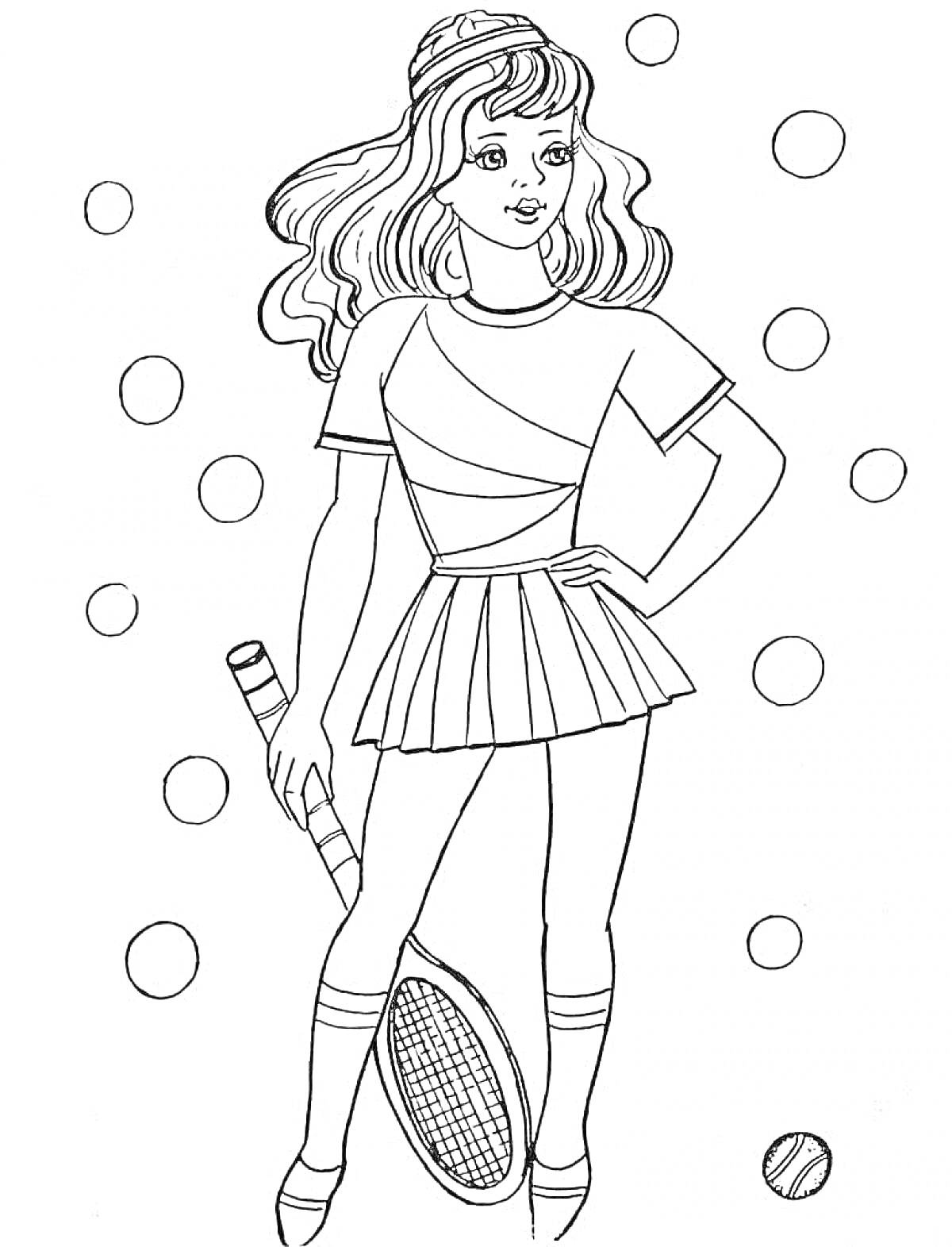 Раскраска Девочка с теннисной ракеткой и мячом, платье и корона, точки на заднем фоне