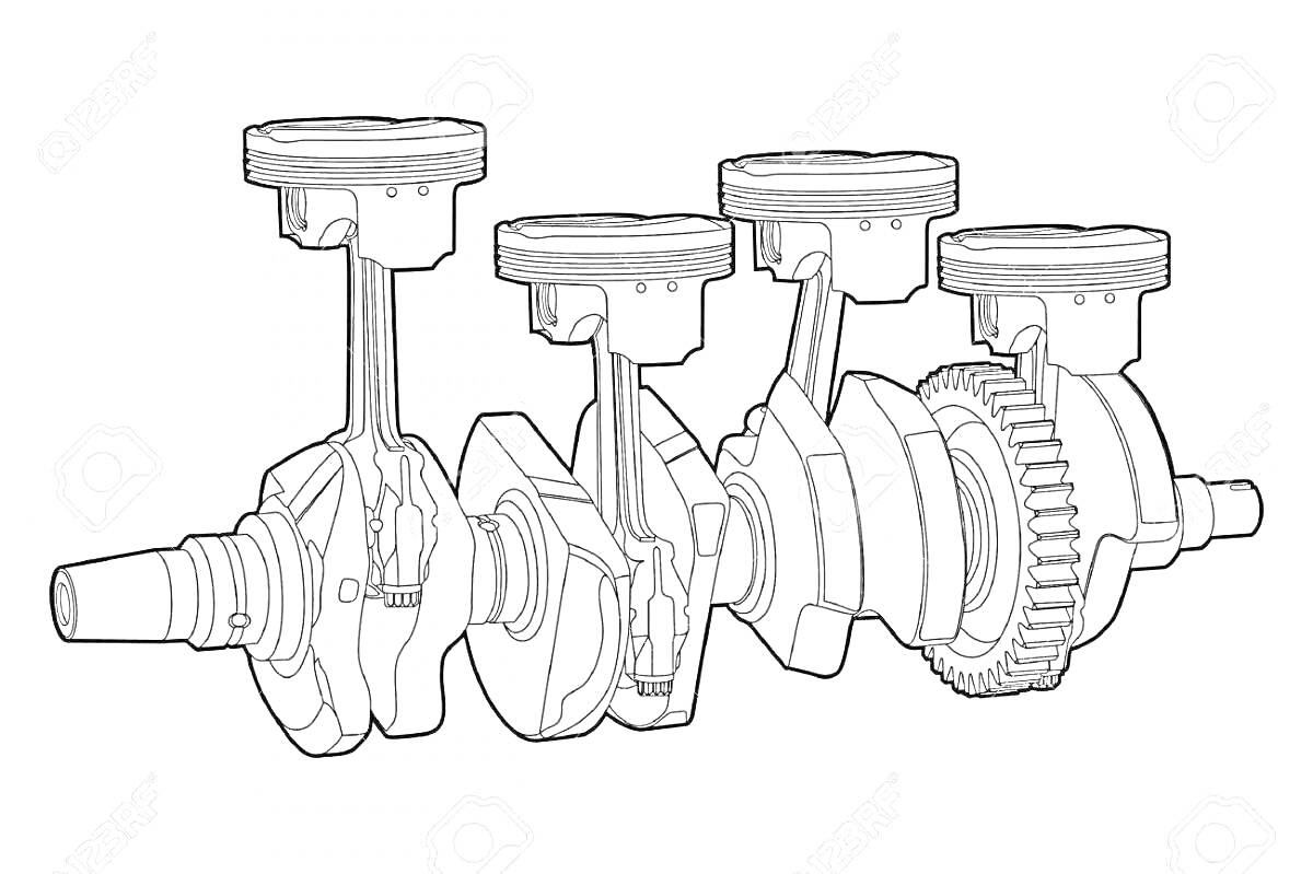 Коленчатый вал с поршнями и шестернями