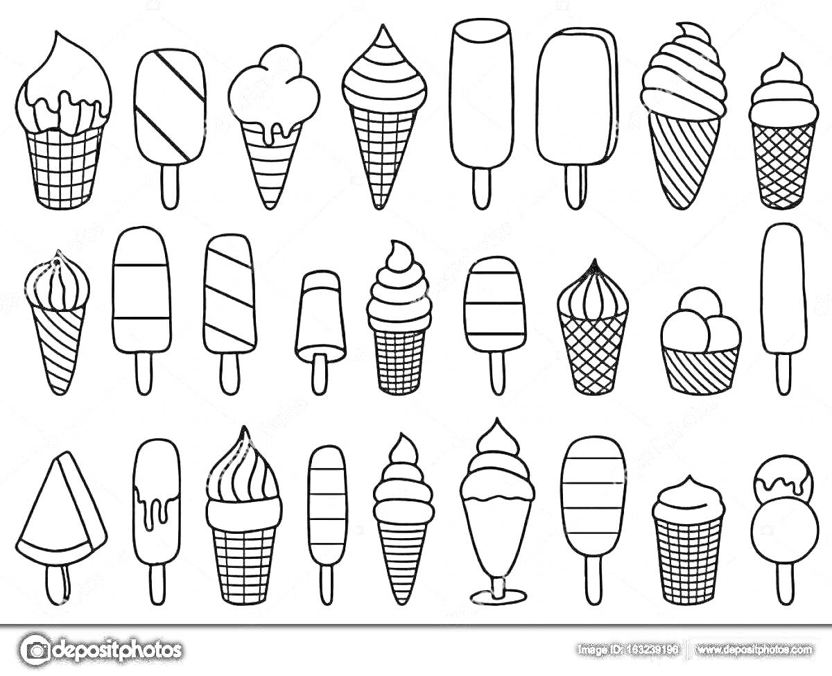 На раскраске изображено: Эскимо, Вафельный стаканчик, Мороженое, Рожки