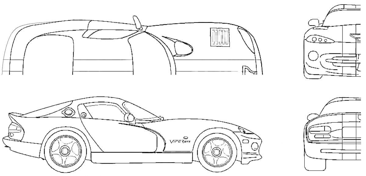 Контурные изображения автомобиля Dodge Viper сбоку, сверху и спереди