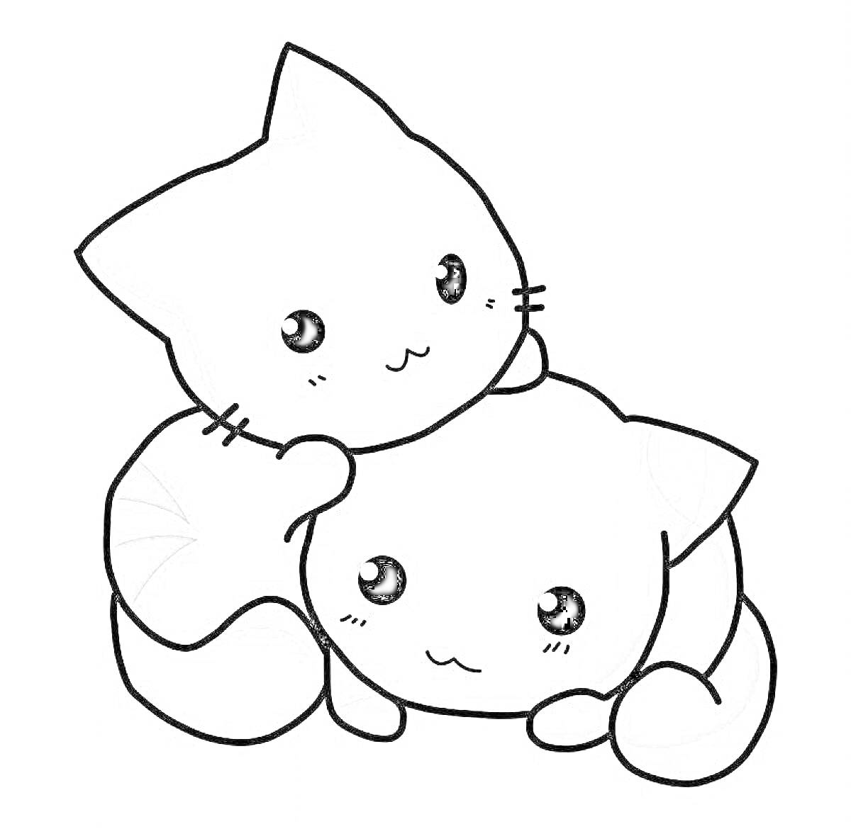 Раскраска Два милых котика - один лежит, другой сидит на нём, с большими глазами