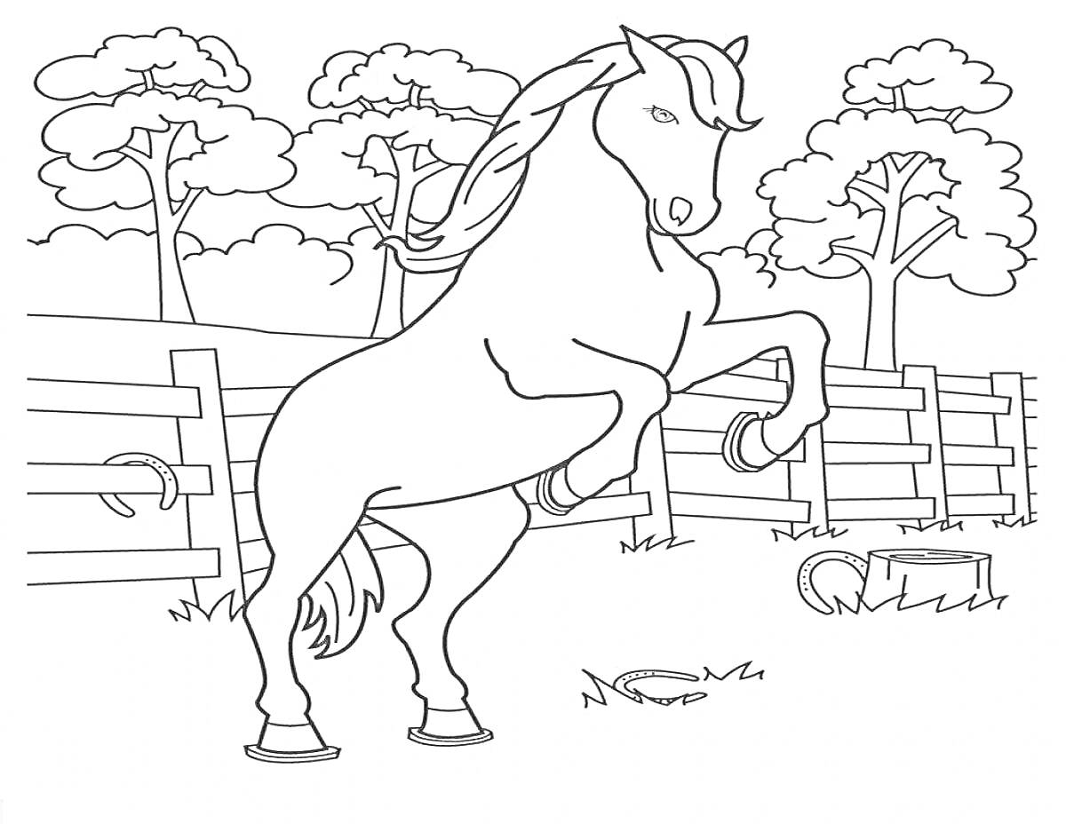 На раскраске изображено: Лошадь, Конь, Забор, Деревья, Подкова, Вилы, Загон, Кусты, Природа