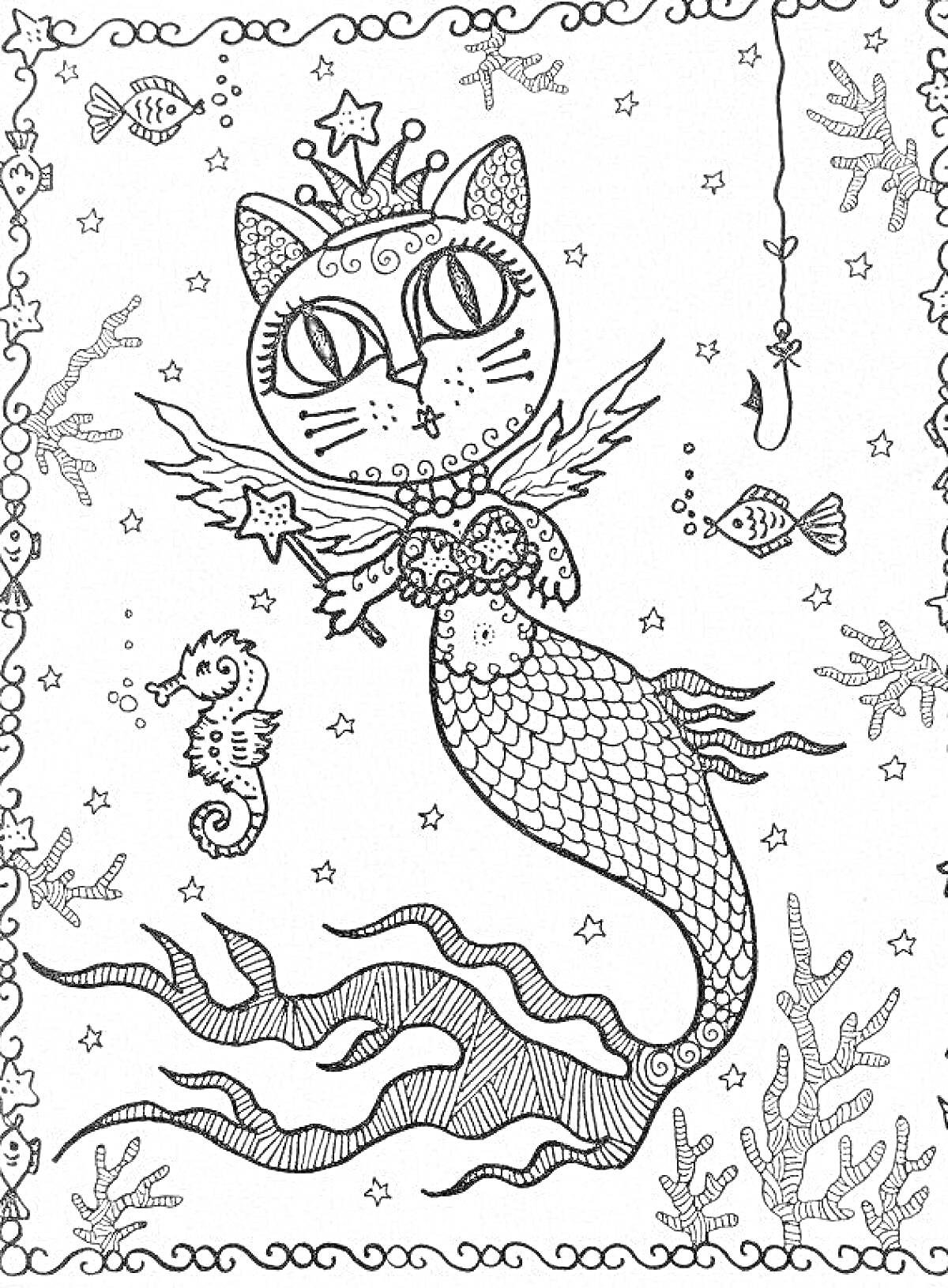 На раскраске изображено: Русалка, Морской конек, Корона, Звезды, Крылья, Кораллы, Подводный мир, Кот, Рыба