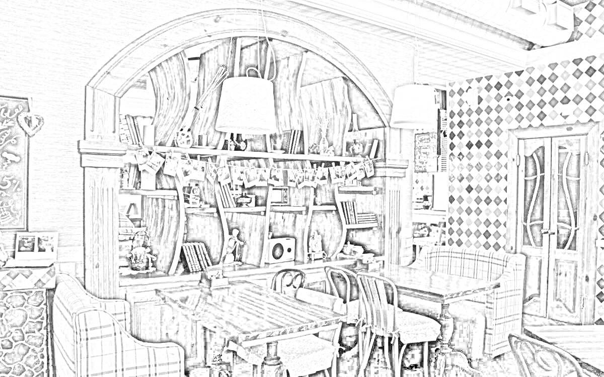Раскраска Интерьер кафе с деревянной аркой, зеркалом, двумя столами, четырьмя стульями, двумя диванами, полками с декором, двумя подвесными лампами и узорчатой стеной