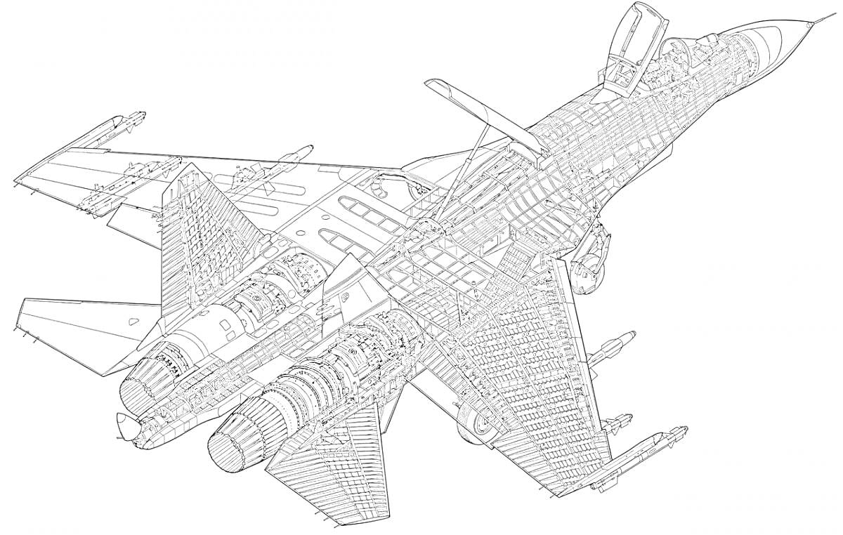 На раскраске изображено: Су-27, Военная техника, Истребитель, Авиация, Крылья, Двигатели, Фюзеляж
