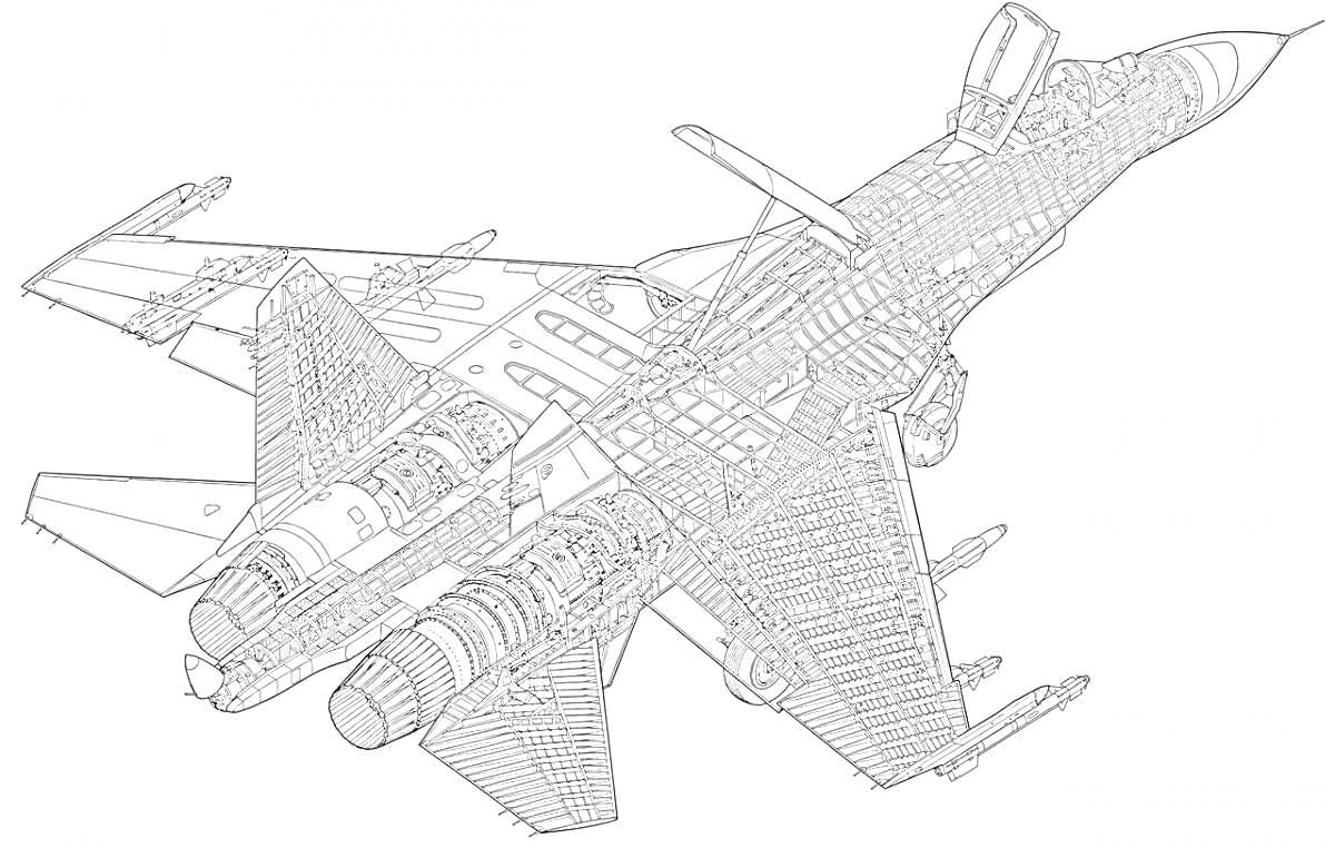 Исторический военный самолет Су-27 с детализированной проекцией всех компонентов