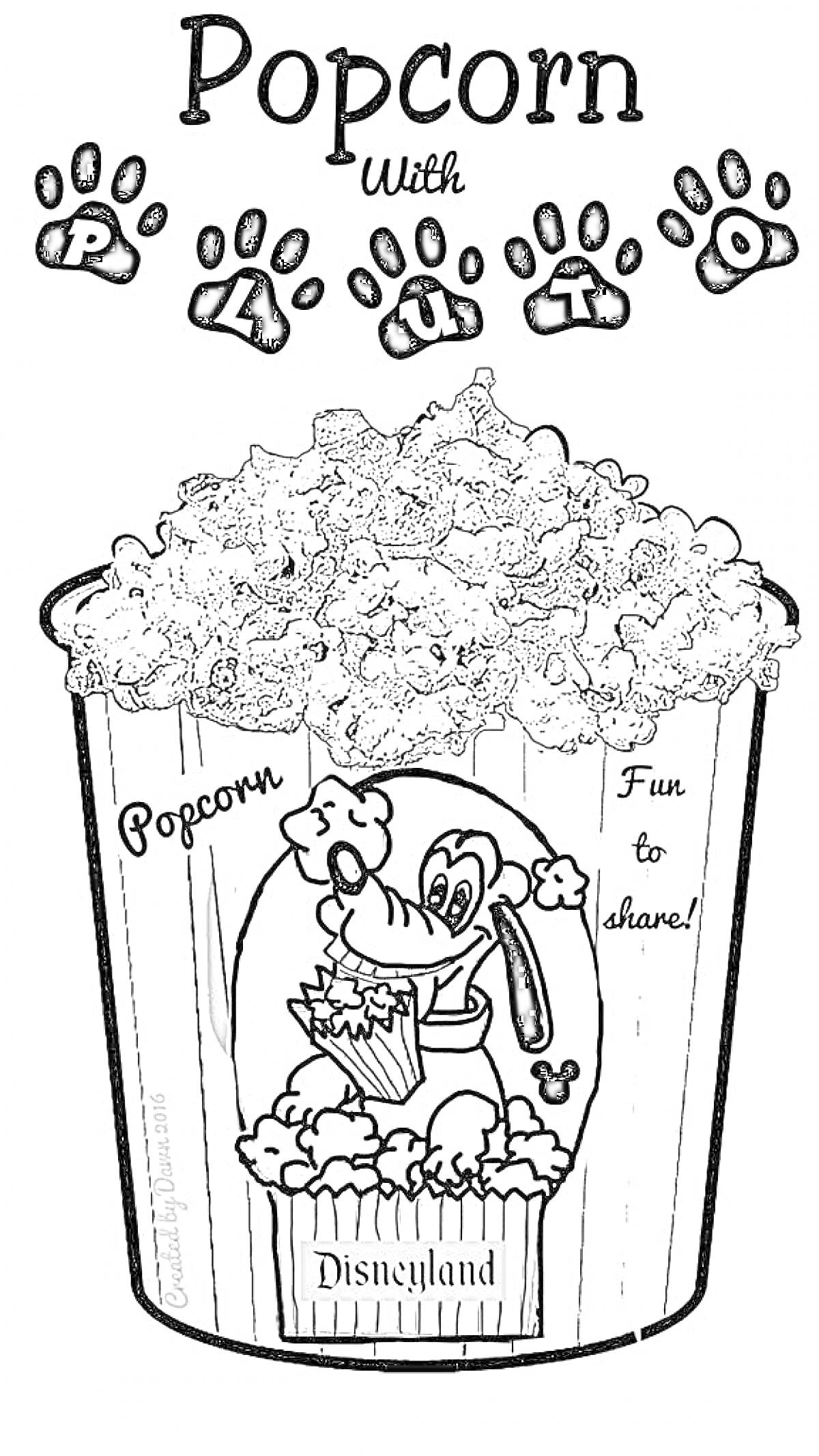 Раскраска Попкорн с Плуто, ведро попкорна, тема Диснейленд, надписи с лапками