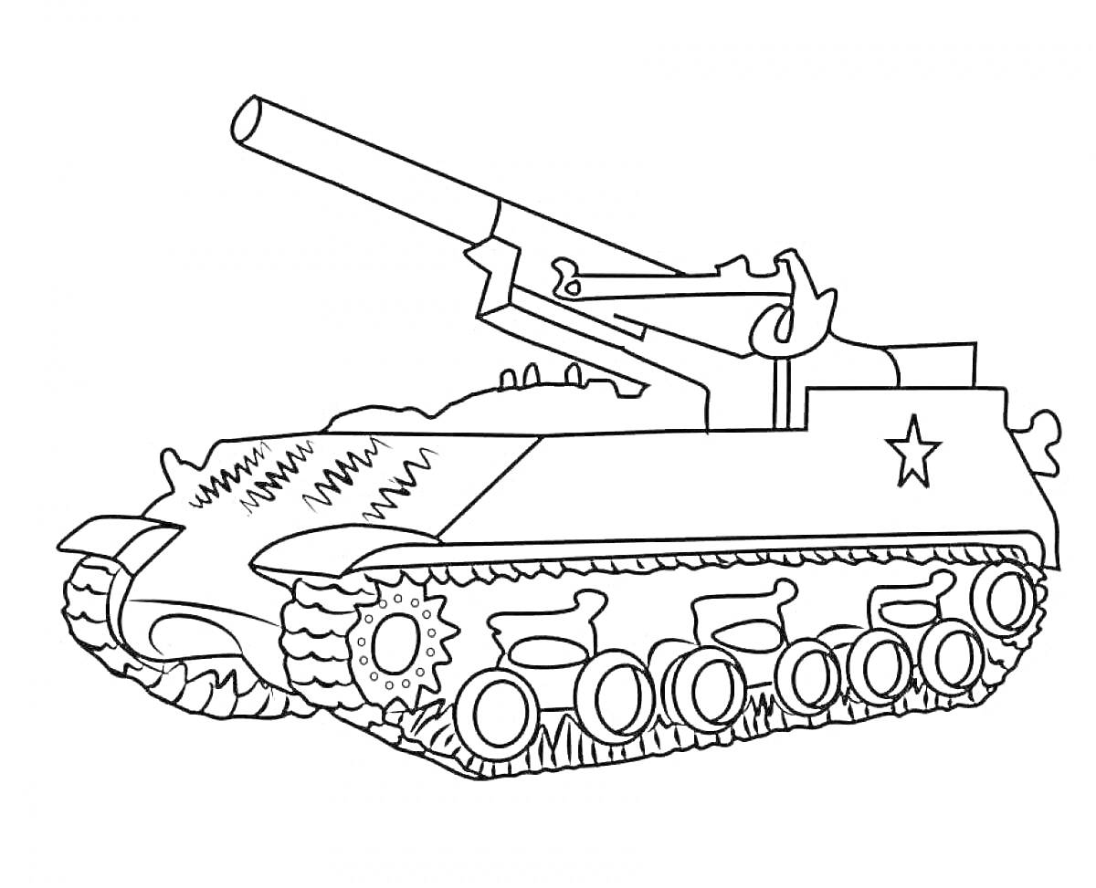 Раскраска танк с пушкой и звездой на борту