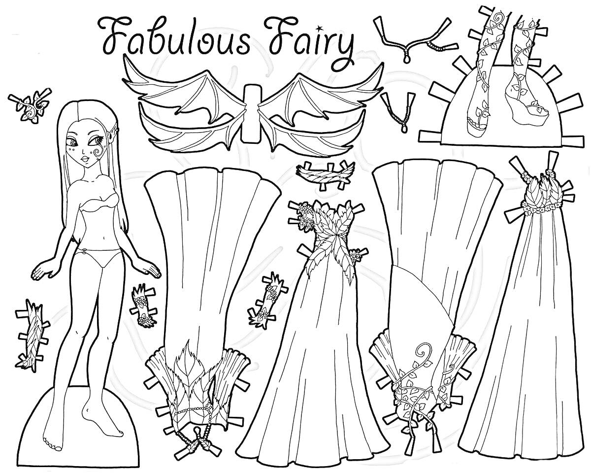 Раскраска Кукла с нарядами феи: кукла, платье с корсетом и крыльями, длинное платье с поясом, платье с узором и длинным рукавом, наряд с корсетом и крыльями, ботинки, аксессуары на голову и шею
