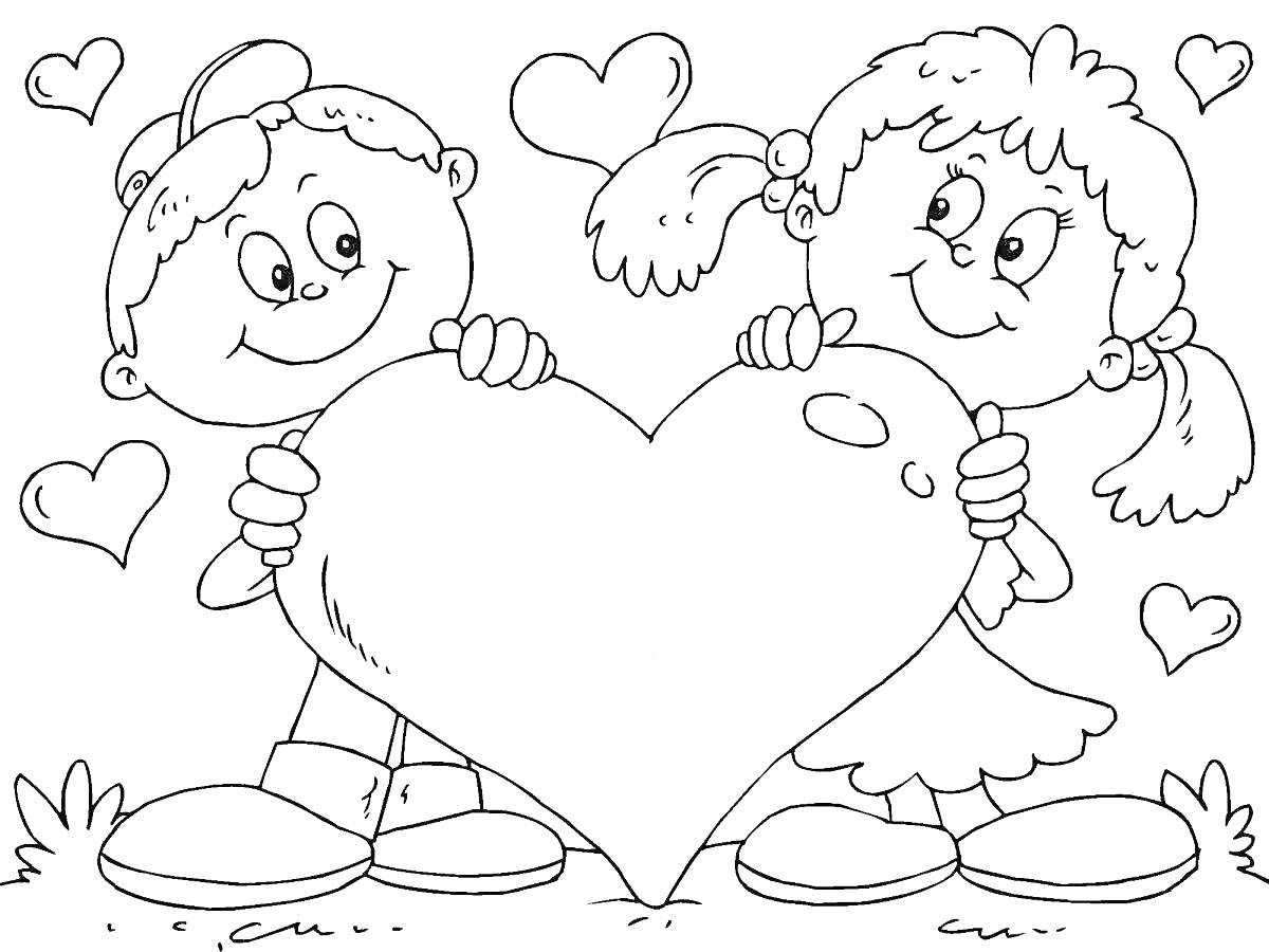 На раскраске изображено: Любовь, Мальчик, Девочка, Дружба, Для детей, Ромашка, Сердца