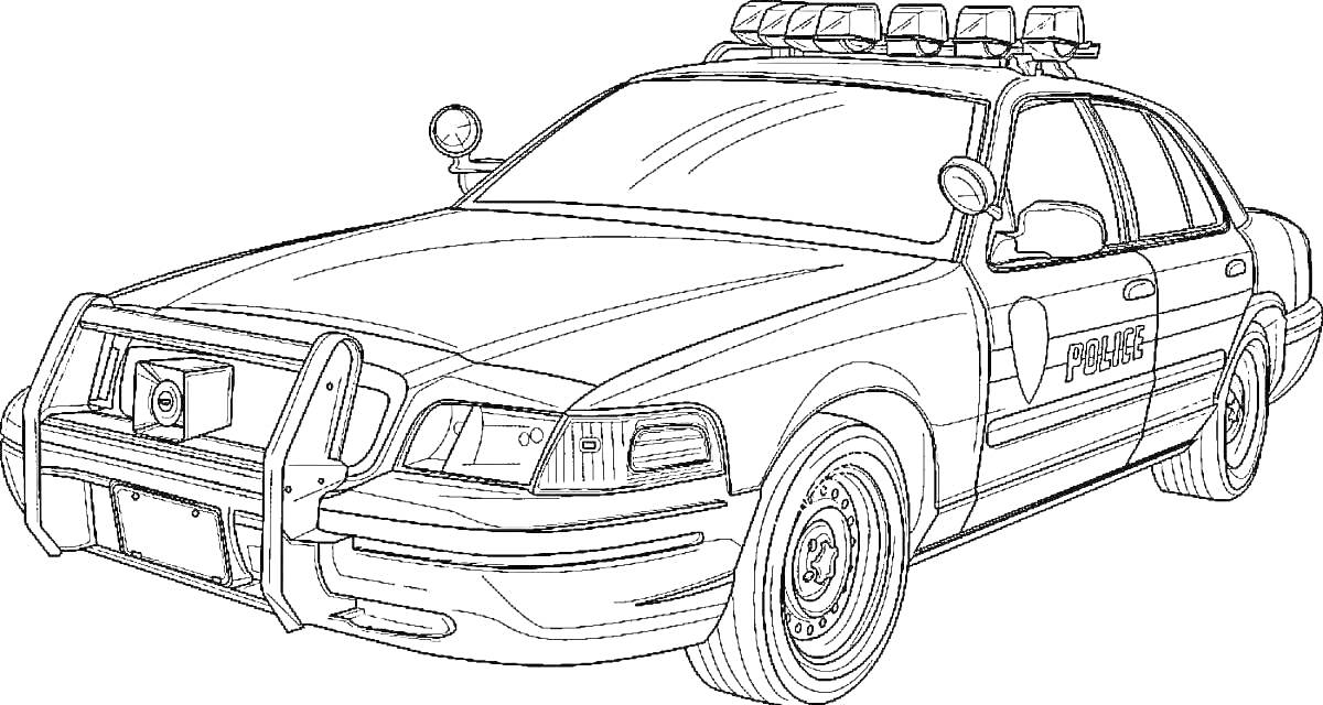 На раскраске изображено: Полицейская машина, Мигалки, Фары, Колёса, Полиция