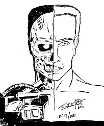 Раскраска Терминатор наполовину человек, наполовину робот, с фоном машин и автографом