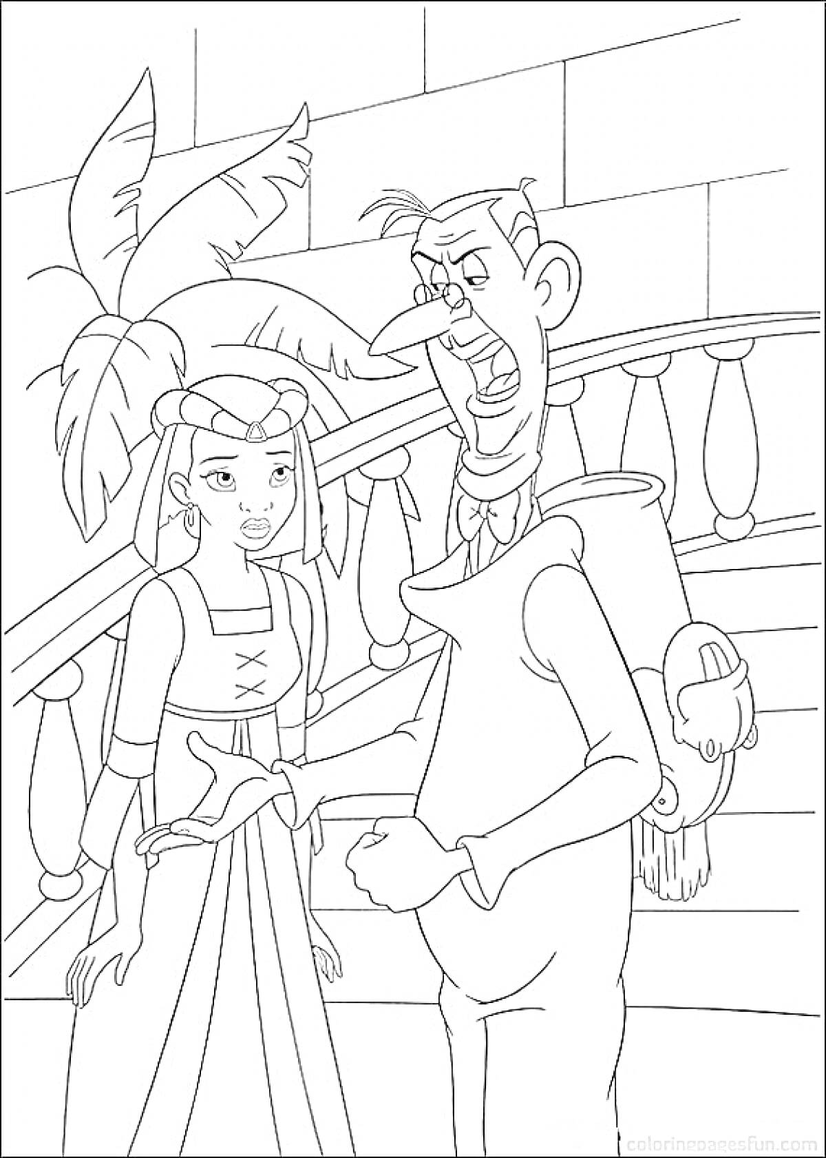 Раскраска Принцесса и лягушка - принцесса и дворянин на фоне замка с пальмами