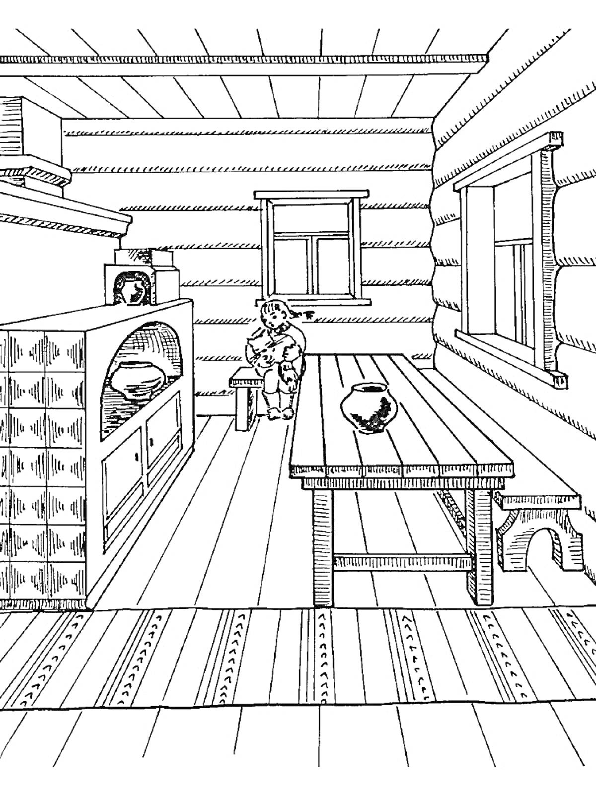 Изба с печью, длинным деревянным столом, скамейкой и женщиной с ребенком, стоящими возле окна