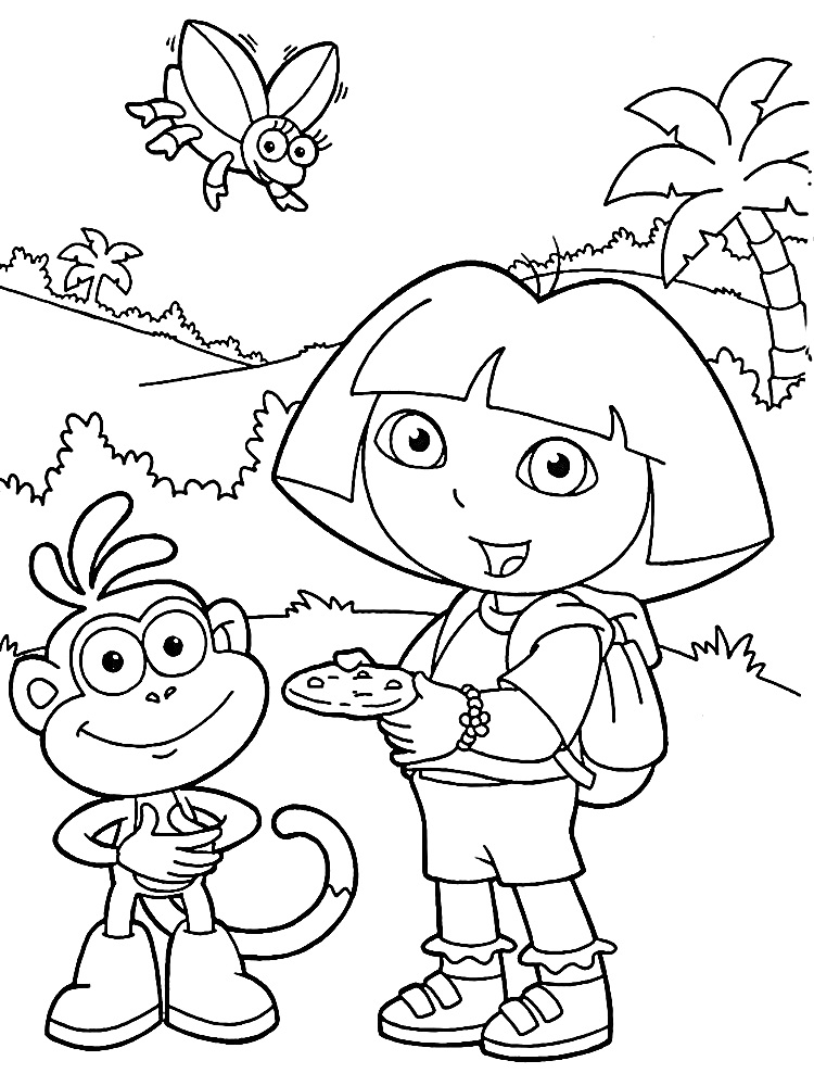 Даша Путешественница и Башмачок с печеньем на фоне джунглей, летящая бабочка