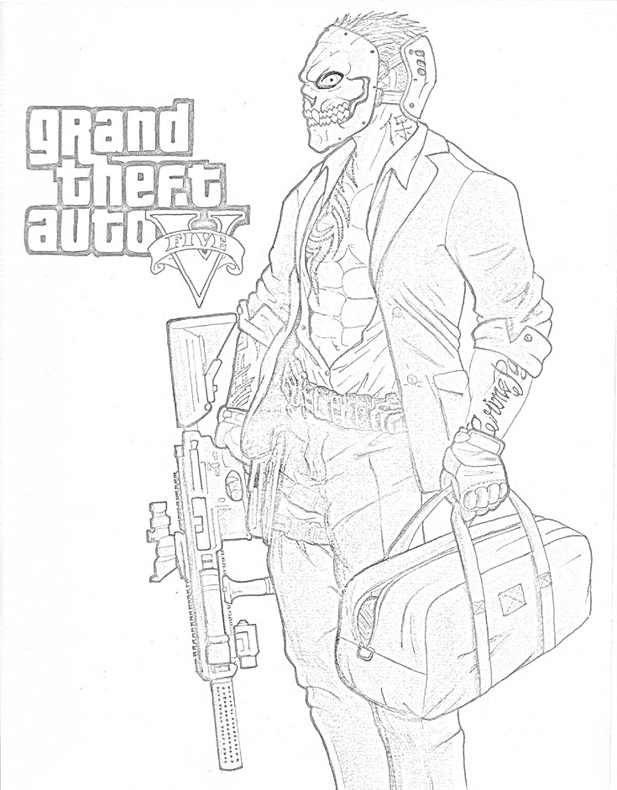 Раскраска Франклин из GTA V с автоматом, в маске и с сумкой в руке