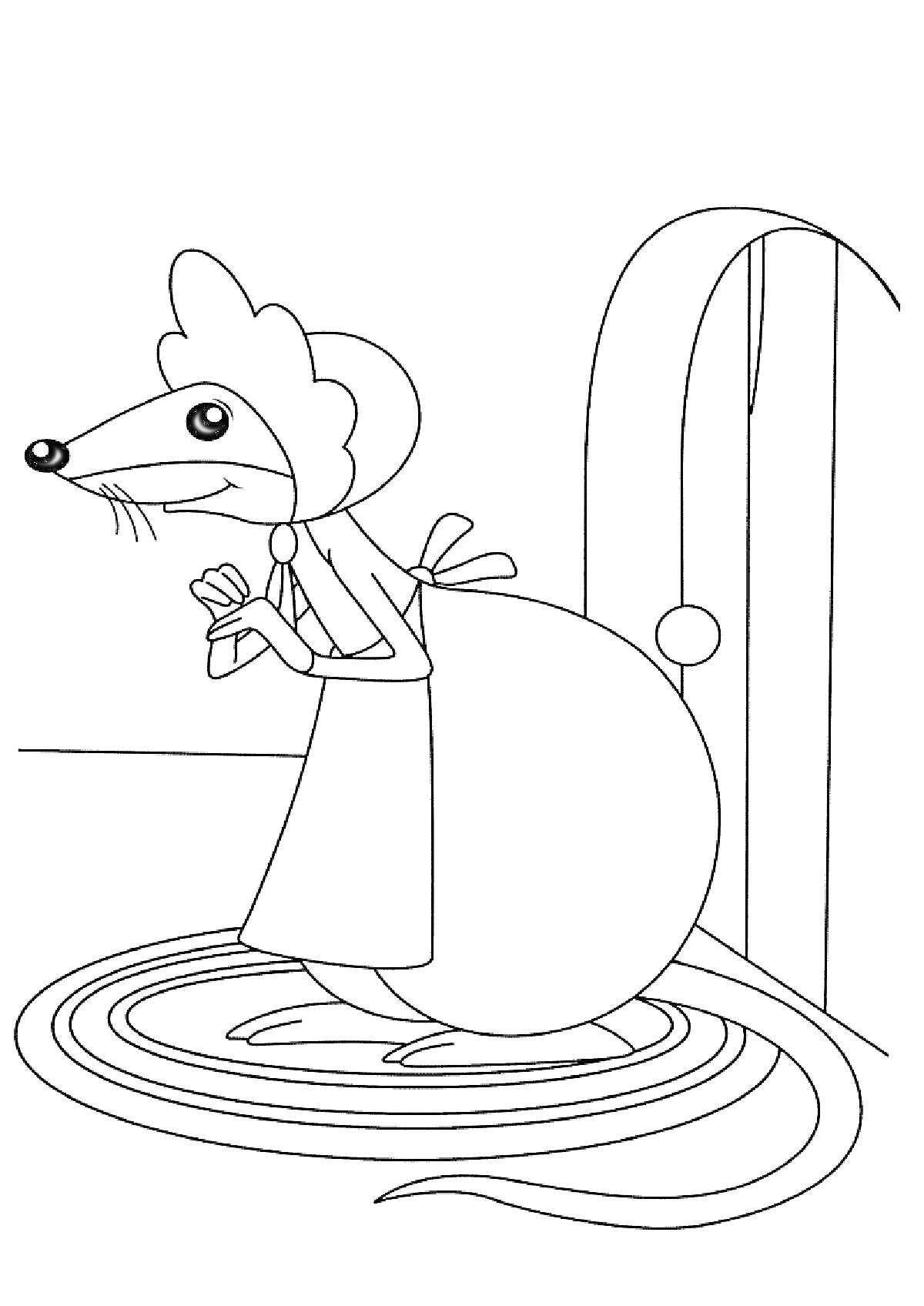 На раскраске изображено: Дюймовочка, Мышь, Дверь, Платок, Коврик, Раскаска