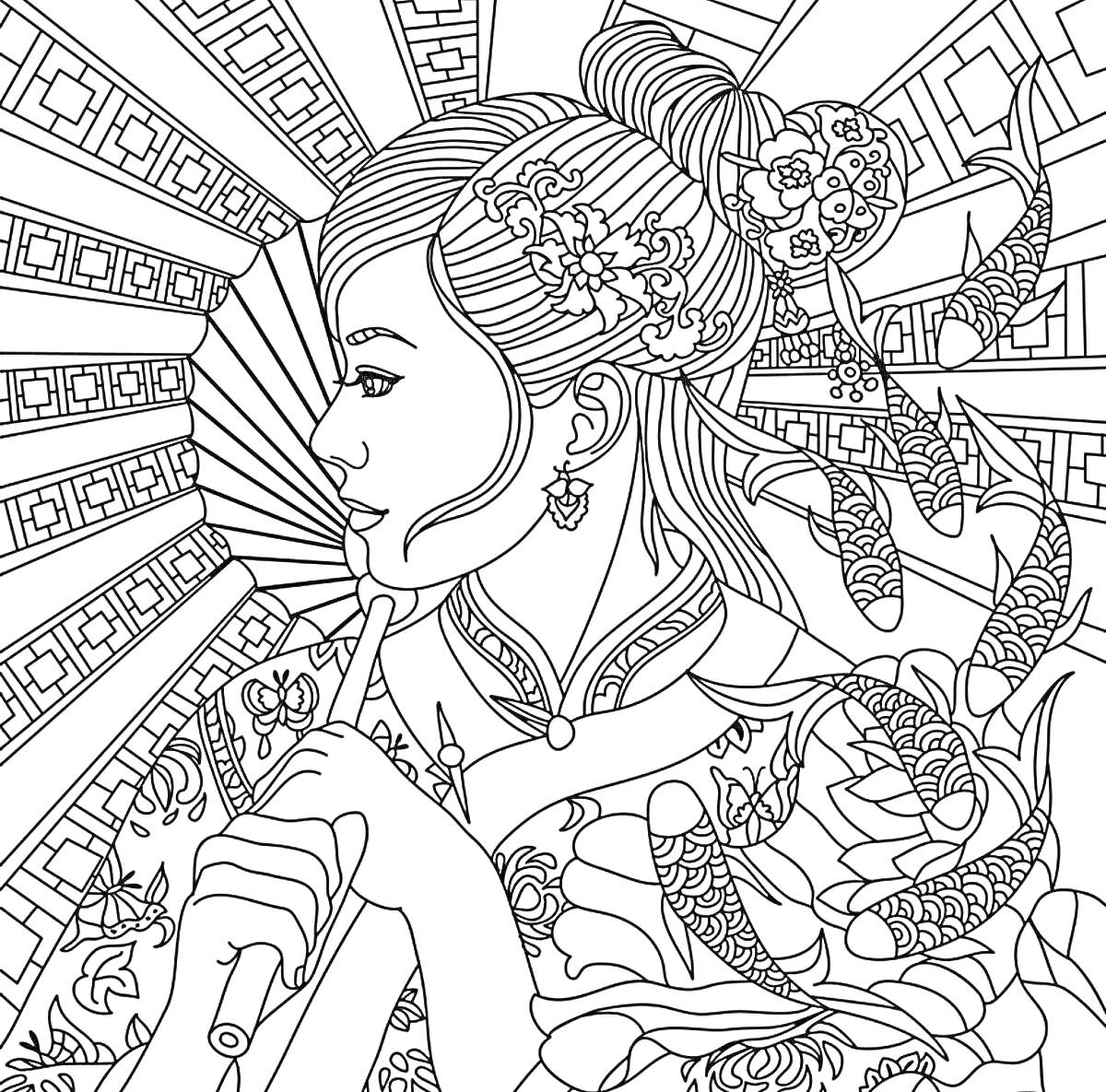 На раскраске изображено: Женщина, Традиционная одежда, Цветы, Узоры, Анфас, Роскошь, Прически