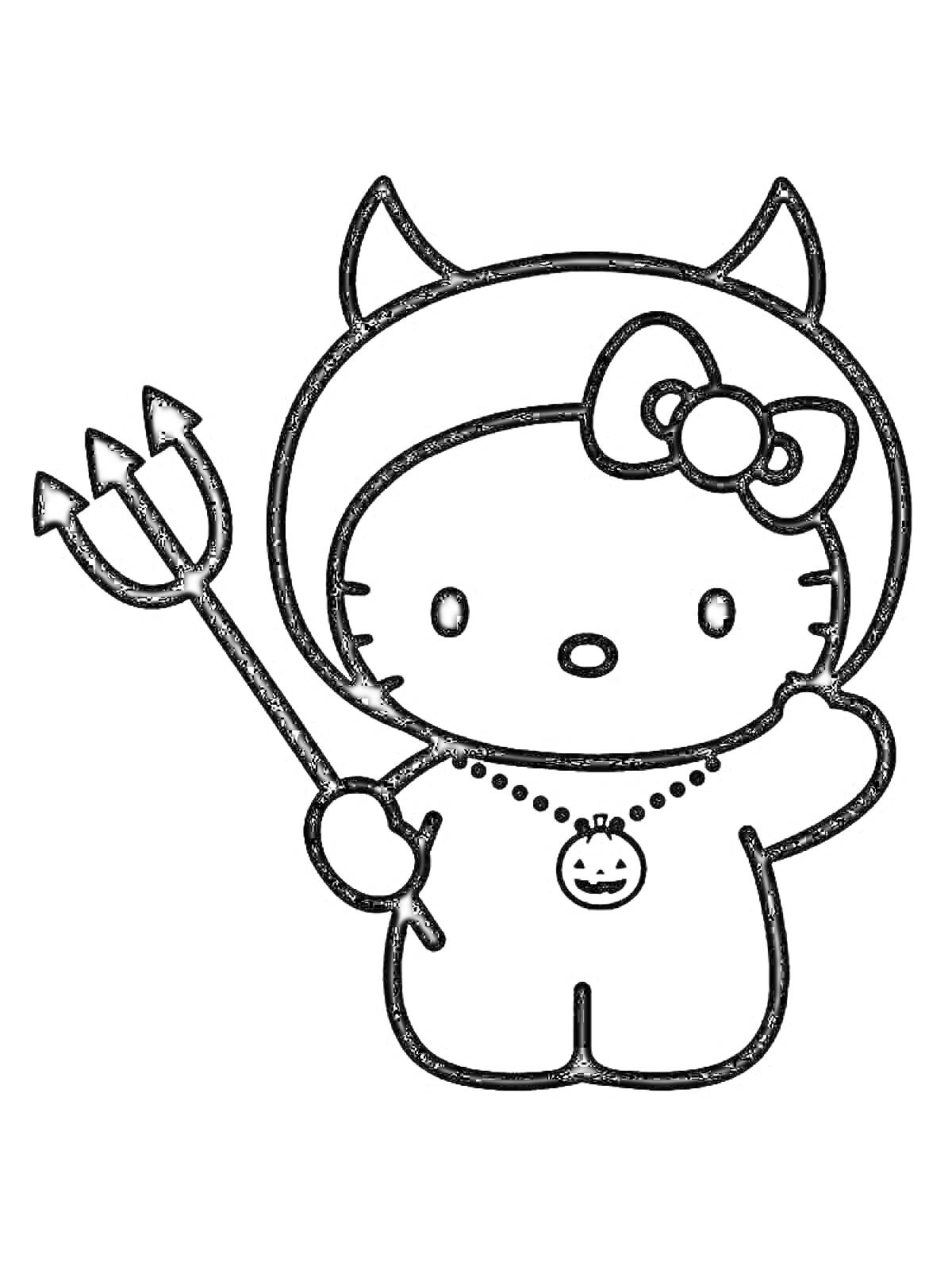 Раскраска Хелло Китти в костюме дьяволенка с трезубцем