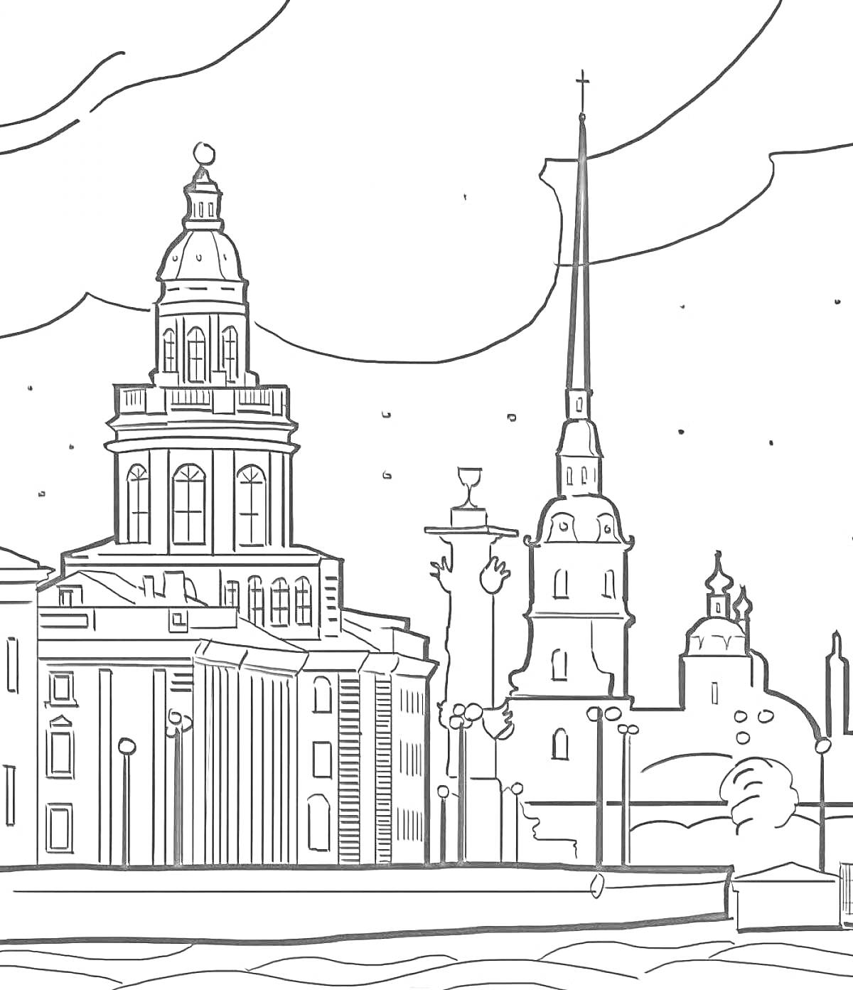 На раскраске изображено: Санкт-Петербург, Архитектура, Достопримечательности, Исторические здания, Набережная
