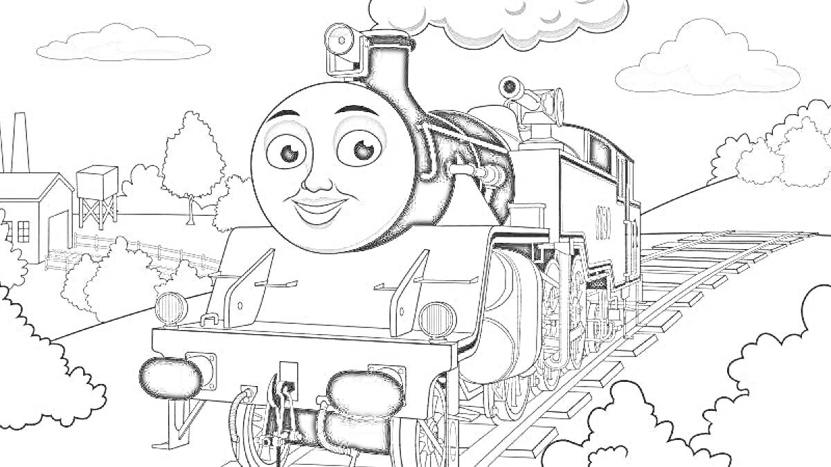 На раскраске изображено: Паровоз, Железная дорога, Деревья, Холмы, Облака, Томас и его друзья