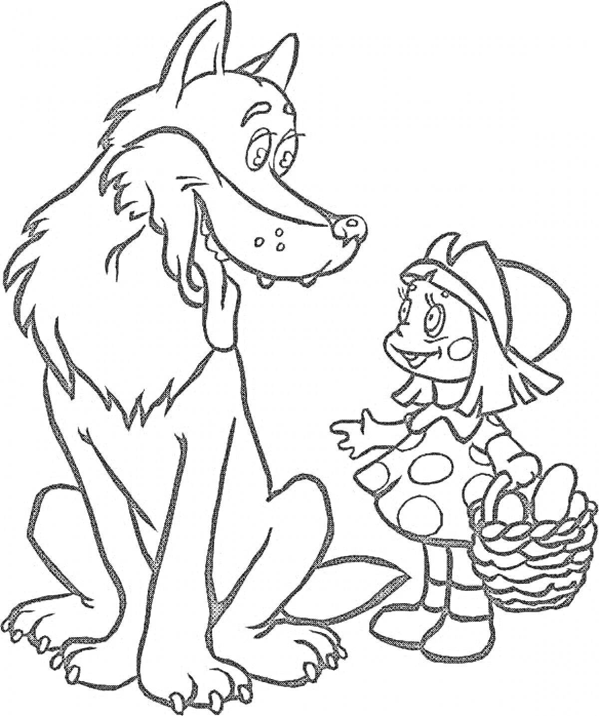 Раскраска Девочка с корзинкой и волк из сказки
