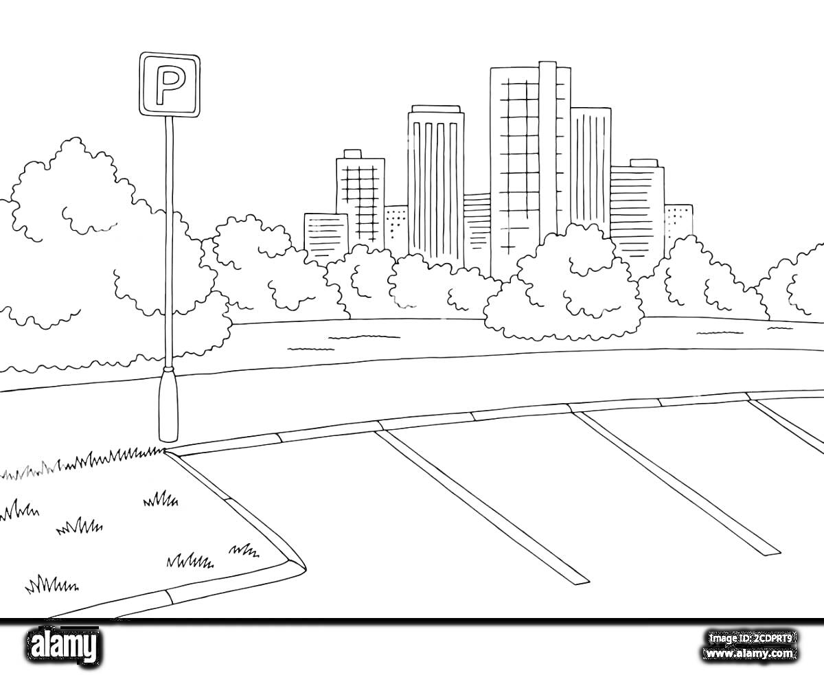На раскраске изображено: Парковка, Разметка, Здания, Зелень, Природа, Деревья, Кусты, Многоэтажки, Фон, Пейзаж