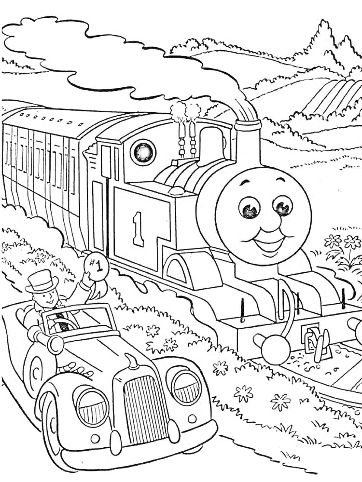 Раскраска Паровозик Томас с улыбающимся лицом едет по железнодорожным путям среди гор, рядом стоит мужчина в шляпе и костюме в автомобиле, держа знак с цифрой 1