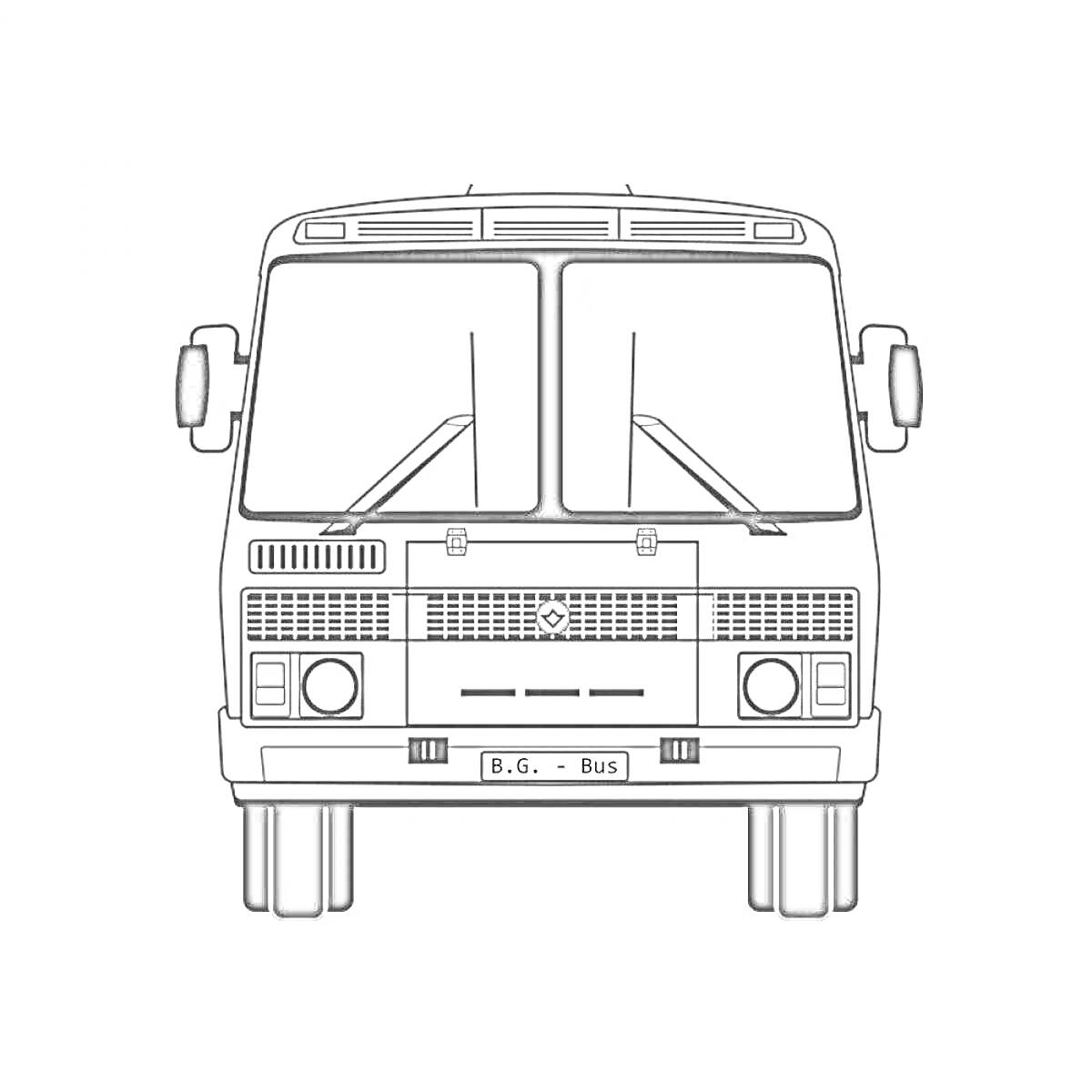На раскраске изображено: Автобус, ПАЗ, Лобовое стекло, Дворники, Фары, Номерной знак, Транспорт, Школьный автобус, Городской автобус