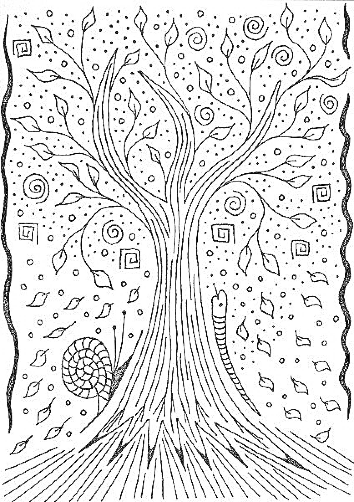 На раскраске изображено: Узоры, Улитка, Змея, Листья, Точки, Графика, Природа, Спираль, Деревья