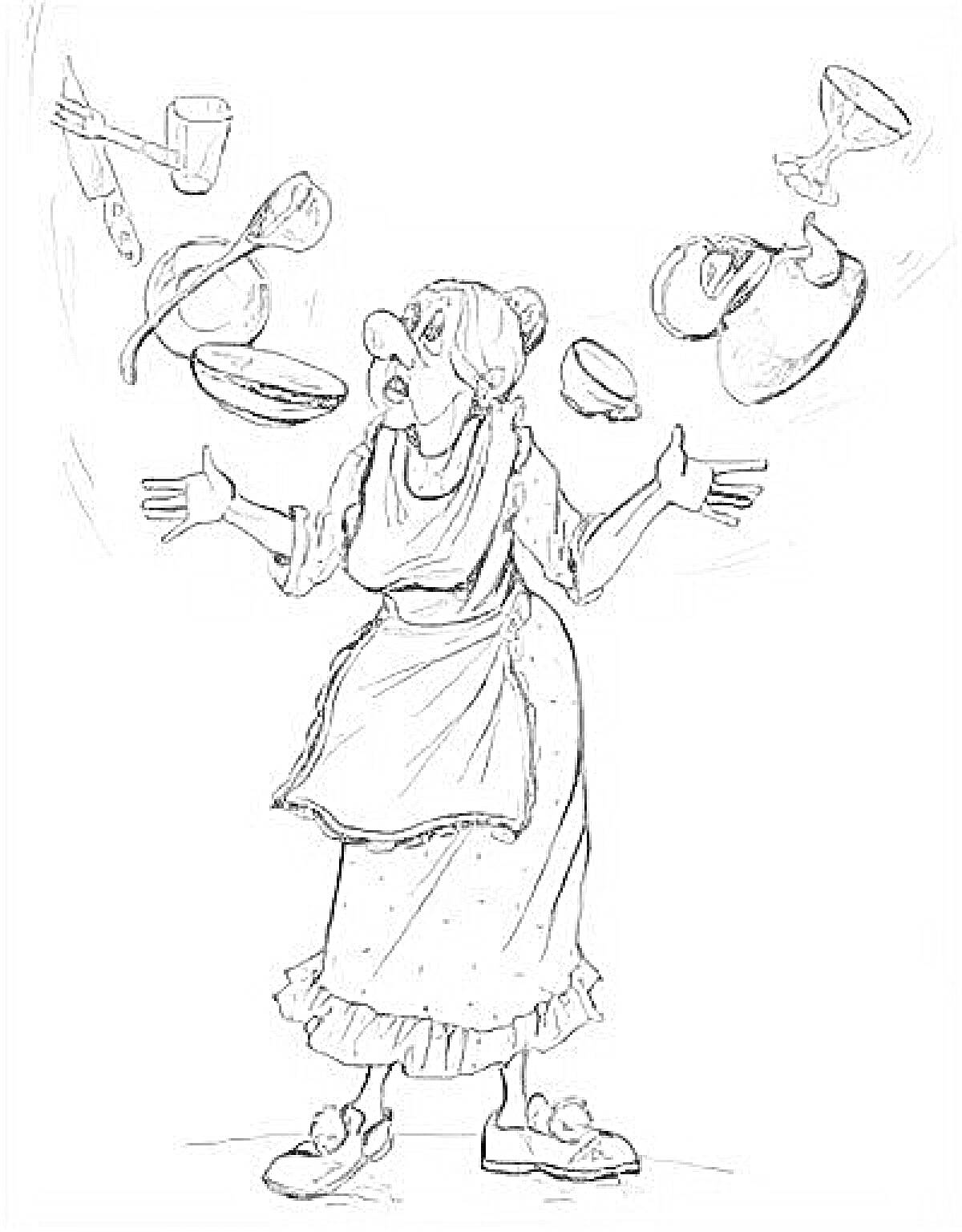 Раскраска Женщина в фартуке и ночной рубашке с двумя косичками и с поднятыми руками, вокруг нее летают столовые приборы, тарелки, чашки, чайник и кастрюля