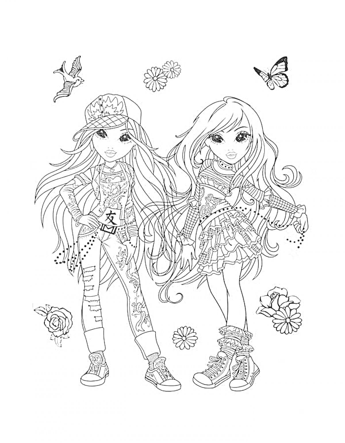 Раскраска Две девочки в крутой одежде с длинными волосами, одна в кепке, вокруг бабочки и цветы