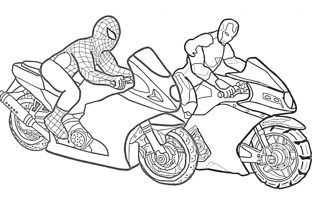 На раскраске изображено: Человек-паук, Супергерои, Спортбайк, Транспорт